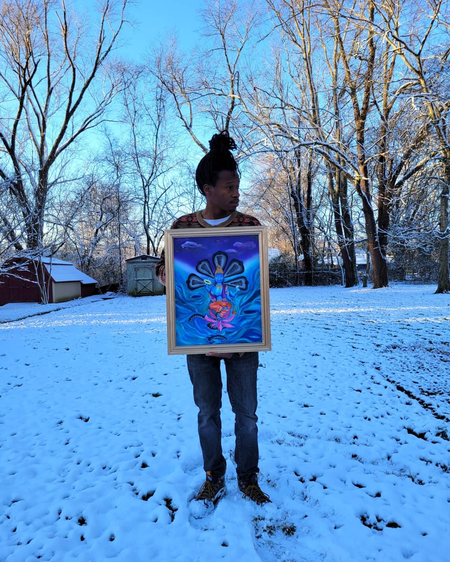 16x20” “Vishnu Hindu God” acrylic aerosol and oil painting with gold painted wood frame (5/5)