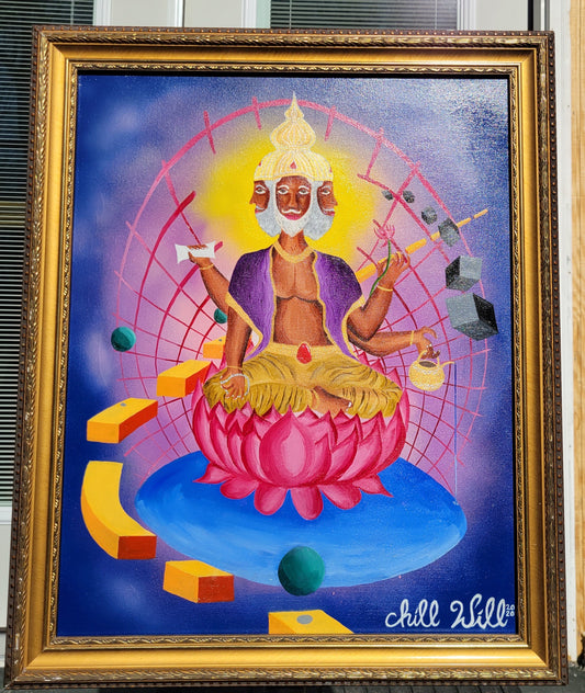 16x20” “Brahma” acrylic aerosol and oil original painting with gold wooden frame (3/5)